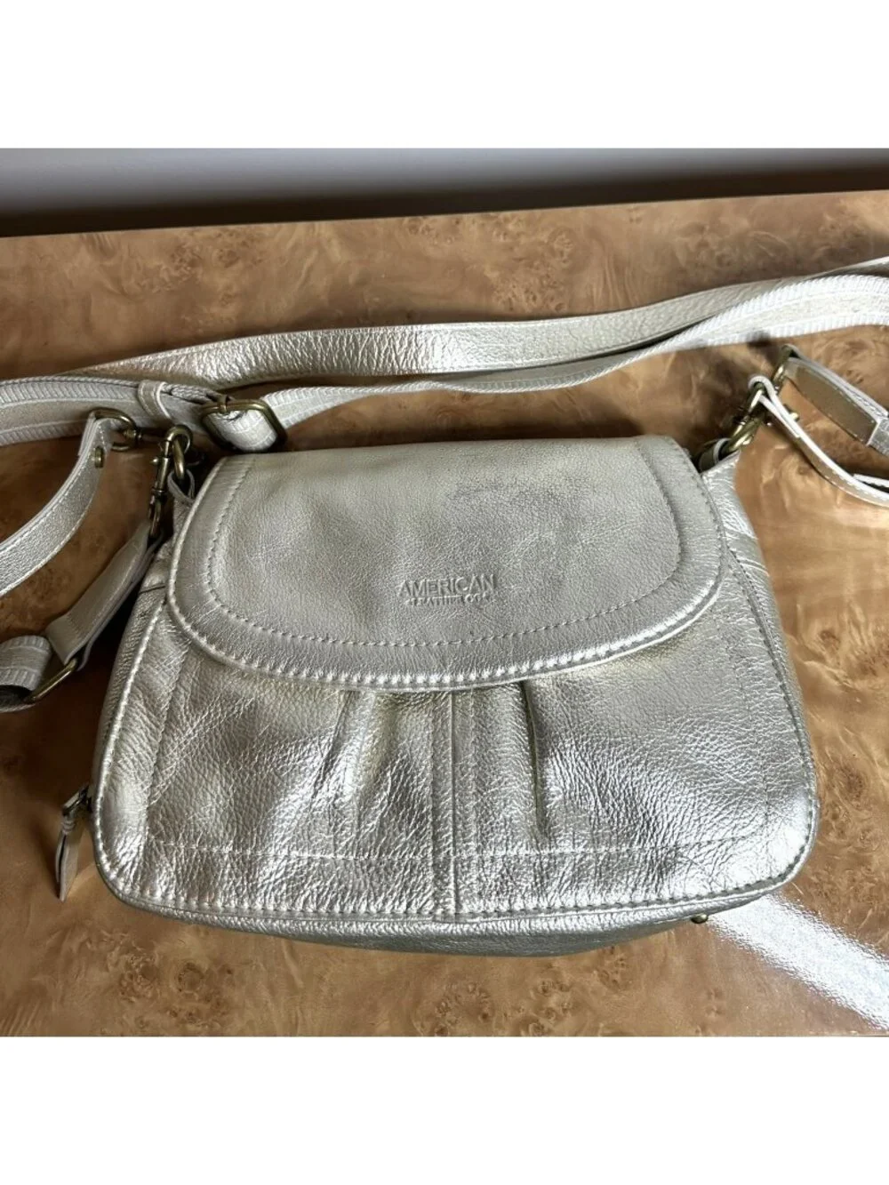 American Leather Co. Silver Metallic Leather Crossbody Shoulder Bag